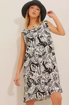 Женское черно-кремовое льняное платье без рукавов с круглым вырезом с рисунком ALC-X8553 Trend Alaat Stili, черный