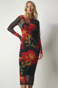 Женское черно-оранжевое шифоновое платье с цветочным узором Happiness stanbul, черный