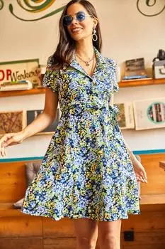 Женское черно-синее тканое платье с рубашечным воротником и поясом, карманами Olalook, черный