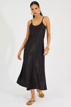 Женское черное атласное платье миди на бретелях Cool & Sexy, черный