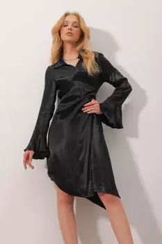 Женское черное атласное платье с двубортным воротником и завязками на рукавах ALC-X9861 Trend Alaat Stili, черный
