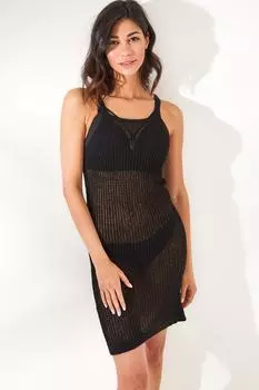 Женское черное ажурное хлопковое мини-пляжное платье на бретелях Olalook, черный