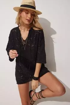 Женское черное ажурное летнее трикотажное пляжное платье Happiness stanbul, черный
