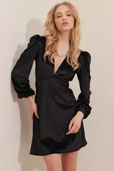 Женское черное бархатное мини-платье с глубоким v-образным вырезом и рукавами принцессы Trend Alaat Stili, черный