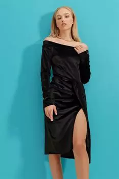 Женское черное бархатное платье с воротником Madonna и разрезом ALC-X9274 Trend Alaat Stili, черный