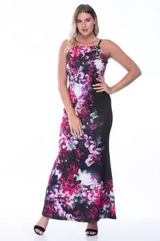 Женское черное длинное платье больших размеров с рисунком 65n22462 ans, разноцветный