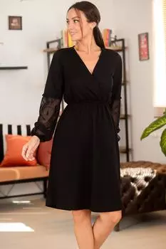 Женское черное двубортное платье из тюля с объемными рукавами и воротником armonika, черный