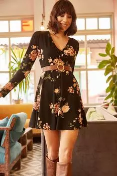 Женское черное двубортное платье с большим цветочным принтом Olalook, черный
