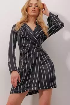 Женское черное двубортное платье с рубашечным воротником и на пуговицах в атласную полоску ALC-X9845 Trend Alaat Stili, черный