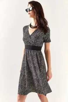 Женское черное двубортное расклешенное платье с короткими рукавами с рисунком Olalook, черный