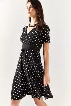 Женское черное двубортное расклешенное платье в горошек с короткими рукавами Olalook, черный