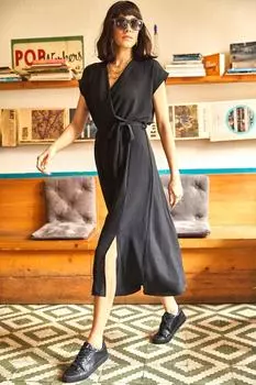 Женское черное двубортное тканое платье с поясом и разрезом Olalook, черный