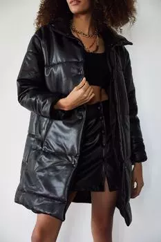 Женское черное кожаное пальто-пуховик XHAN, черный