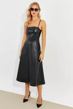 Женское черное кожаное платье миди на молнии ELA3927 Cool & Sexy, черный