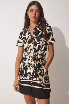 Женское черное кремовое атласное элегантное платье с узором Happiness stanbul, черный