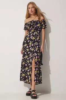 Женское черное летнее длинное платье из вискозы со сборным воротником с цветочным принтом Happiness stanbul, черный