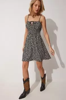 Женское черное летнее мини-трикотажное платье на бретельках с цветочным принтом Happiness stanbul, черный