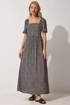Женское черное летнее платье с воротником кармен и цветочным принтом Happiness stanbul, черный