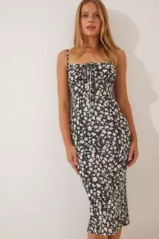 Женское черное летнее трикотажное платье с разрезом и цветочным принтом Happiness stanbul, черный