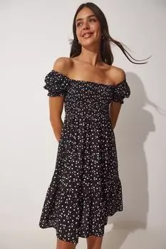 Женское черное летнее вискозное платье с воротником «кармен» Happiness stanbul, черный