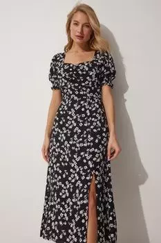 Женское черное летнее вискозное платье с воротником-сердечком и цветочным принтом Happiness stanbul, черный