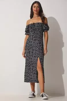 Женское черное летнее вязаное платье со сборками и цветочным принтом Happiness stanbul, черный