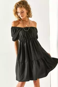 Женское черное мини-платье с эластичной резинкой на талии и воротником-карменом на шнуровке Olalook, черный