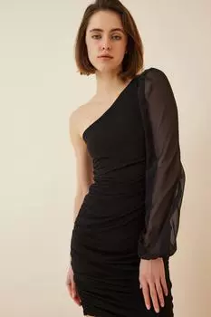 Женское черное мини-вязаное платье на одно плечо с драпировкой Happiness stanbul, черный