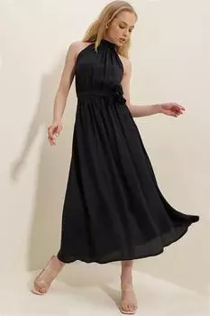 Женское черное объемное тканое платье с поясом и подкладкой на шее ALC-X8223 Trend Alaat Stili, черный