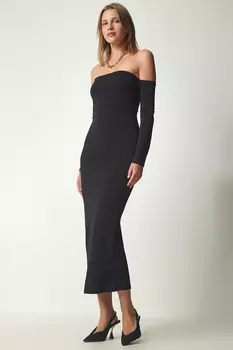 Женское черное облегающее платье песочного цвета без бретелек Happiness stanbul, черный