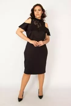 Женское черное платье большого размера с кружевом и воланами 65n33986 ans, черный