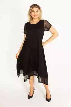 Женское черное платье большого размера с тюлевыми деталями на рукавах, подоле и разрезами по бокам 65n34511 ans, черный