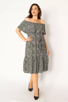 Женское черное платье большого размера из вискозной ткани с воротником и оборками, 65n33876 ans, черный