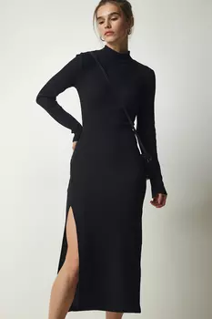 Женское черное платье-бретелька с высоким воротником и разрезом Happiness stanbul, черный