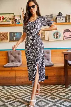 Женское черное платье из висконового материала со сборками и разрезными рукавами Olalook, черный