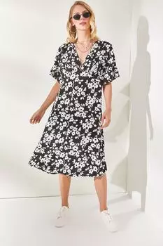 Женское черное платье из вискозной ткани с детальным узором Olalook, черный