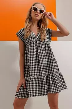 Женское черное платье из жатого хлопка с v-образным вырезом и рисунком в мелкую клетку, Trend Alaat Stili, черный