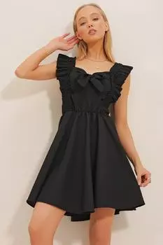 Женское черное платье из жатого хлопка с воротником-стойкой и оборками ALC-X8881 Trend Alaat Stili, черный