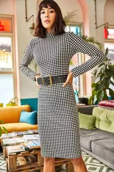 Женское черное платье-карандаш с мягкой фактурой и узором «гусиные лапки» Olalook, черный