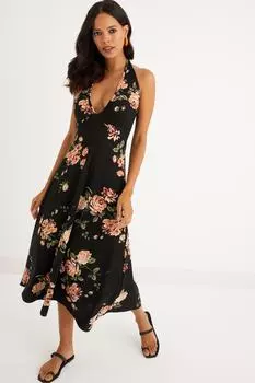 Женское черное платье-миди из крепа с открытой спиной и цветочным принтом Y2287 Cool & Sexy, черный