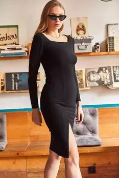 Женское черное платье миди с квадратным воротником и разрезом Olalook, черный