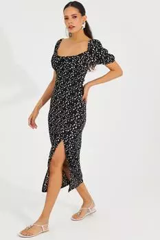 Женское черное платье миди с разрезом и цветочным принтом, AW63 Cool & Sexy, черный