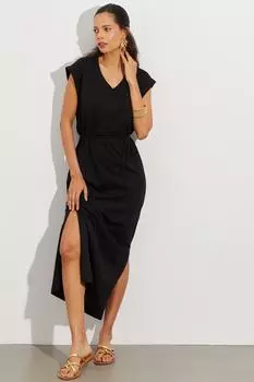 Женское черное платье миди с v-образным вырезом и двойным разрезом Cool & Sexy, черный