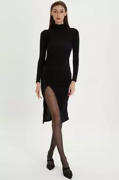 Женское черное платье миди со сборками по бокам и разрезом YEL12 Cool & Sexy, черный