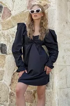 Женское черное платье мини-длины с воротником-стойкой и рукавами принцессы с фестонами и вышивкой ALC-X8893 Trend Alaat Stili, черный