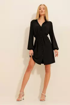 Женское черное платье песочного цвета на пуговицах с воротником-поло ALC-X11273 Trend Alaat Stili, черный