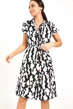 Женское черное платье-рубашка с поясом и коротким рукавом с геометрическим узором armonika, черный