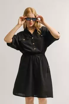 Женское черное платье с карманами и эластичной резинкой на талии с рукавами «летучая мышь» armonika, черный