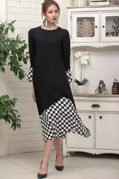 Женское черное платье с круглым вырезом в горошек и рукавами 3/4 Chiccy, черный