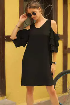 Женское черное платье с открытыми плечами и рюшами и V-образным вырезом armonika, черный